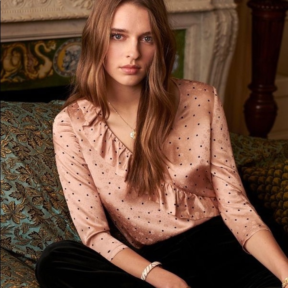 sezane quitterie pink polka dot floral silk blouse. ruffle eu 36